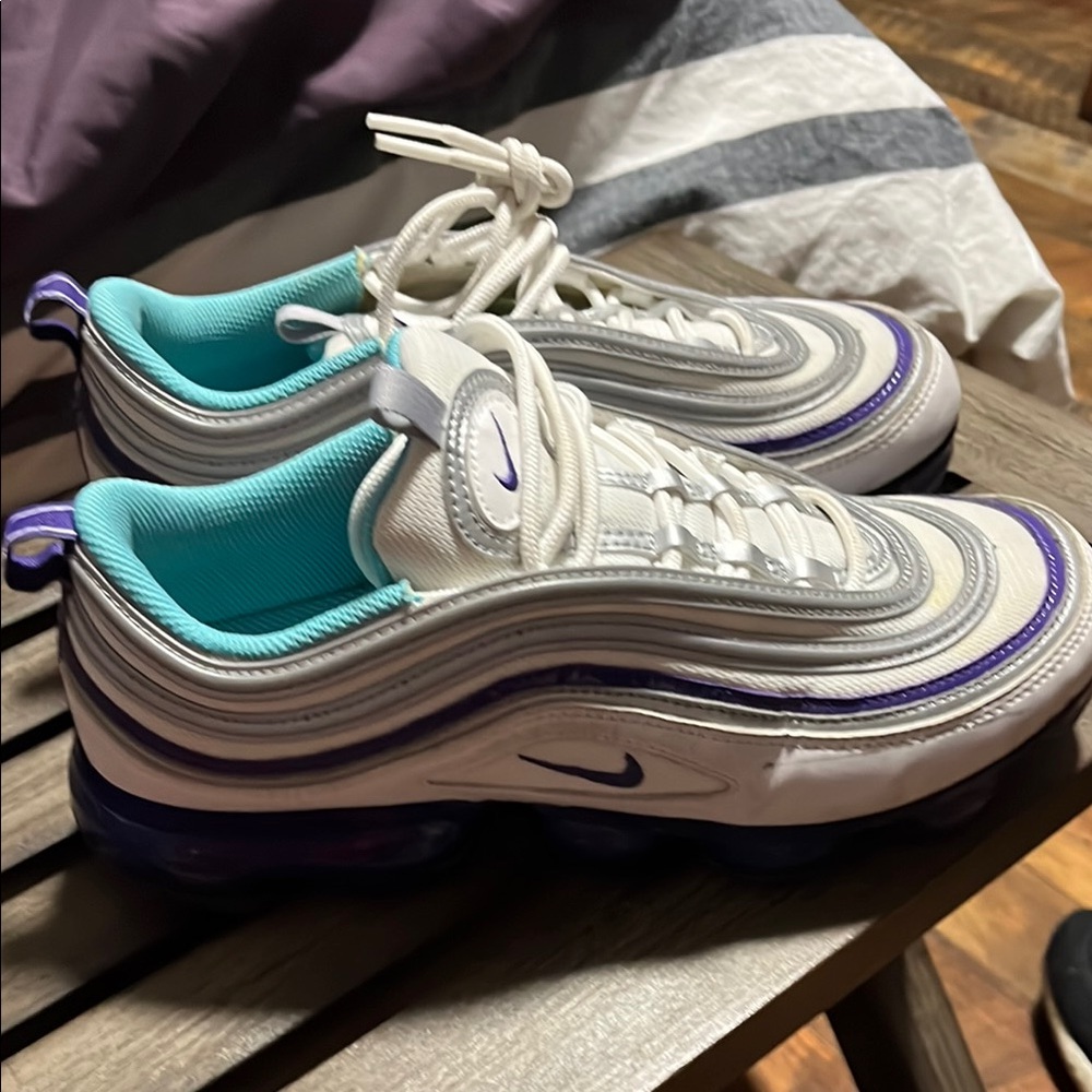Nike Air Max 97 White and Purple Athletic Shoes